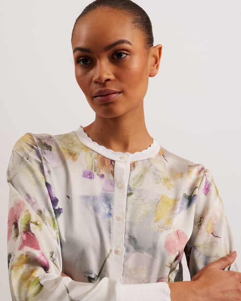 HAYLOU-Knitwear-It's all in the details: Cardigan Woven front and sleeves Floral print detail Cotton silk blend back Scallop knitted trims Ribbed hem Button fastenings Stephanie is 5'8.5" / 1.74m and wears White in a Ted size 1- Ted Baker Romania
